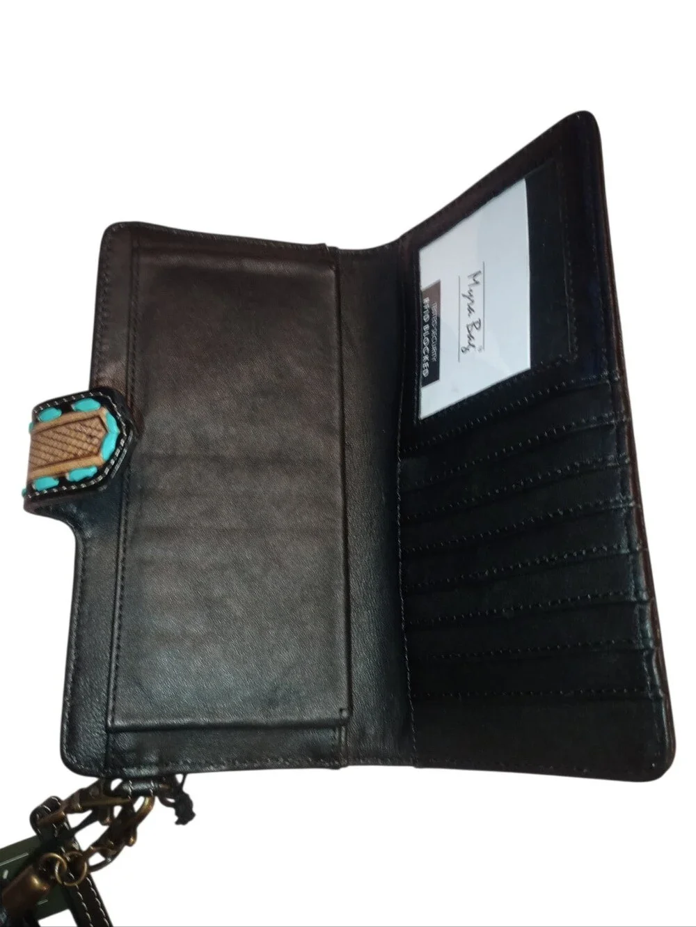 Myra Turquoise and Tan Tooled Leather Wristlet Wallet with Tassel, NWT